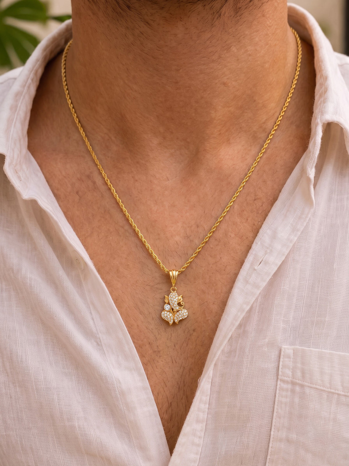 Aarin Ganesha Diamond Gold Men's Rope Chain Pendant Necklace