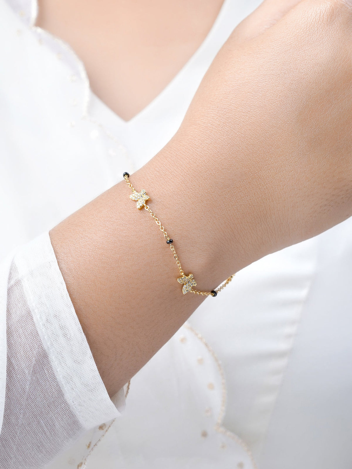Aarini Butterfly Motifs Shimmering CZ Diamond 18K Gold Plated Mangalsutra Bracelet