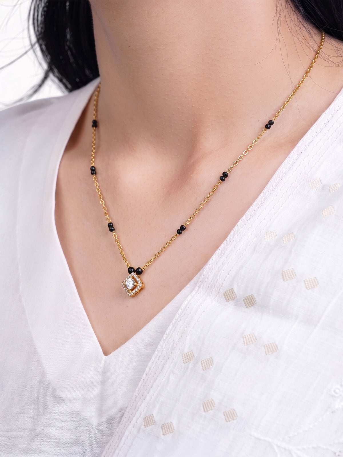Aashvi Diamond Solitaire 18K Gold Plated Women's Chain Pendant Mangalsutra Necklace