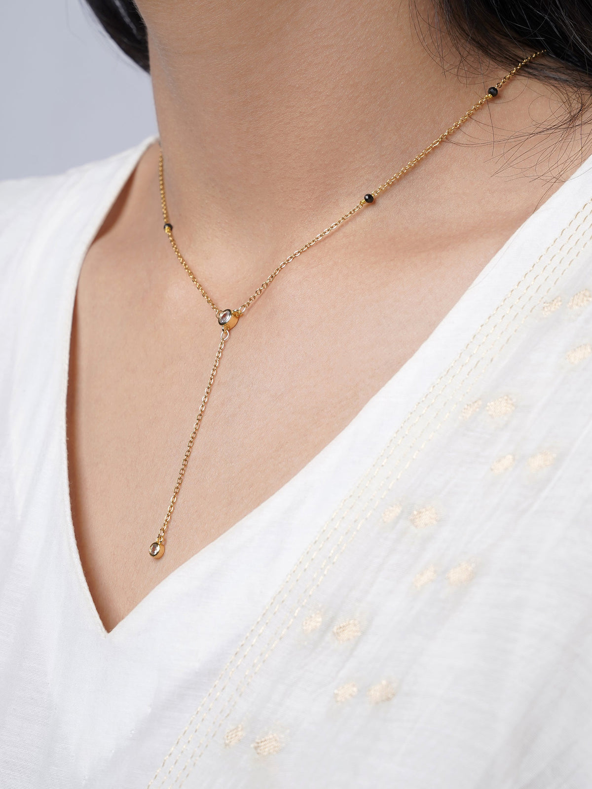 Aleeia Two Bezel Solitaire Y-Drop 18K Gold Plated Pendant Mangalsutra