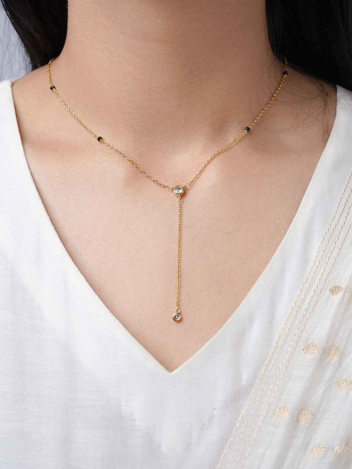 Aleeia Two Bezel Solitaire Y-Drop 18K Gold Plated Pendant Mangalsutra