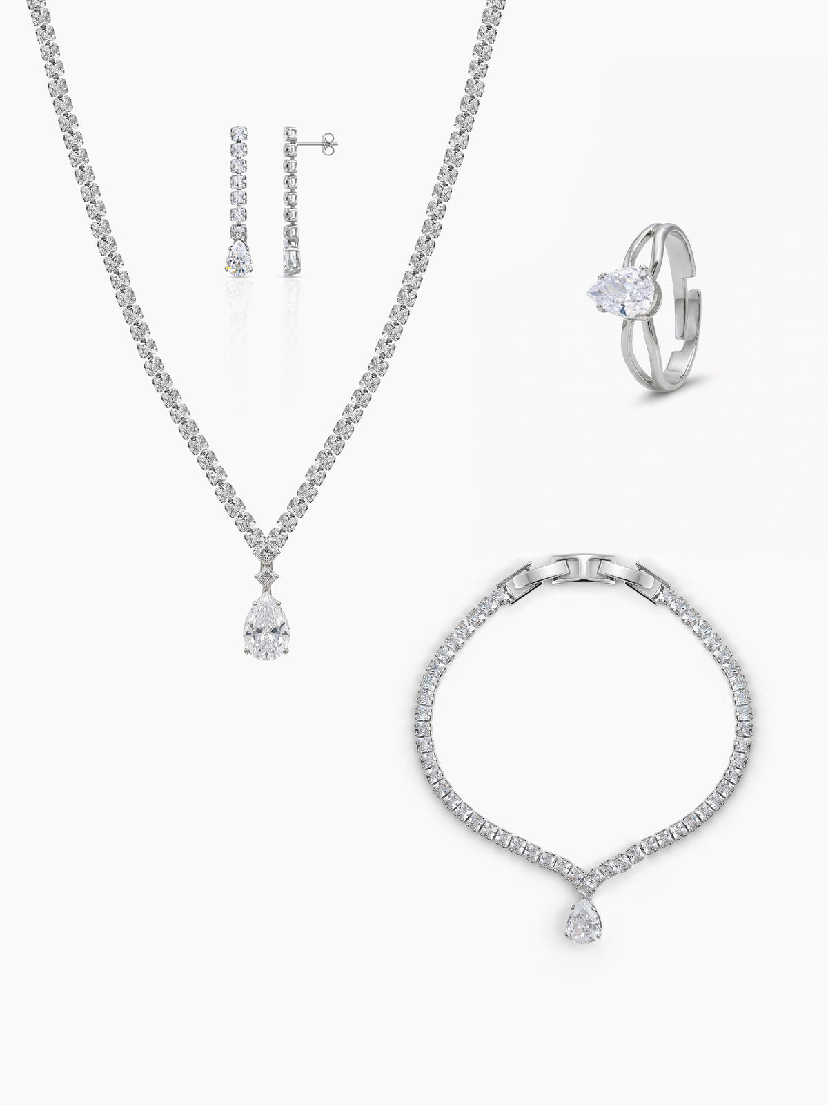 Alisha Pear Diamond Solitaire Drop Silver Women's Jewelry Set Of 4 - Necklace, Ring, Bracelet & Earrings