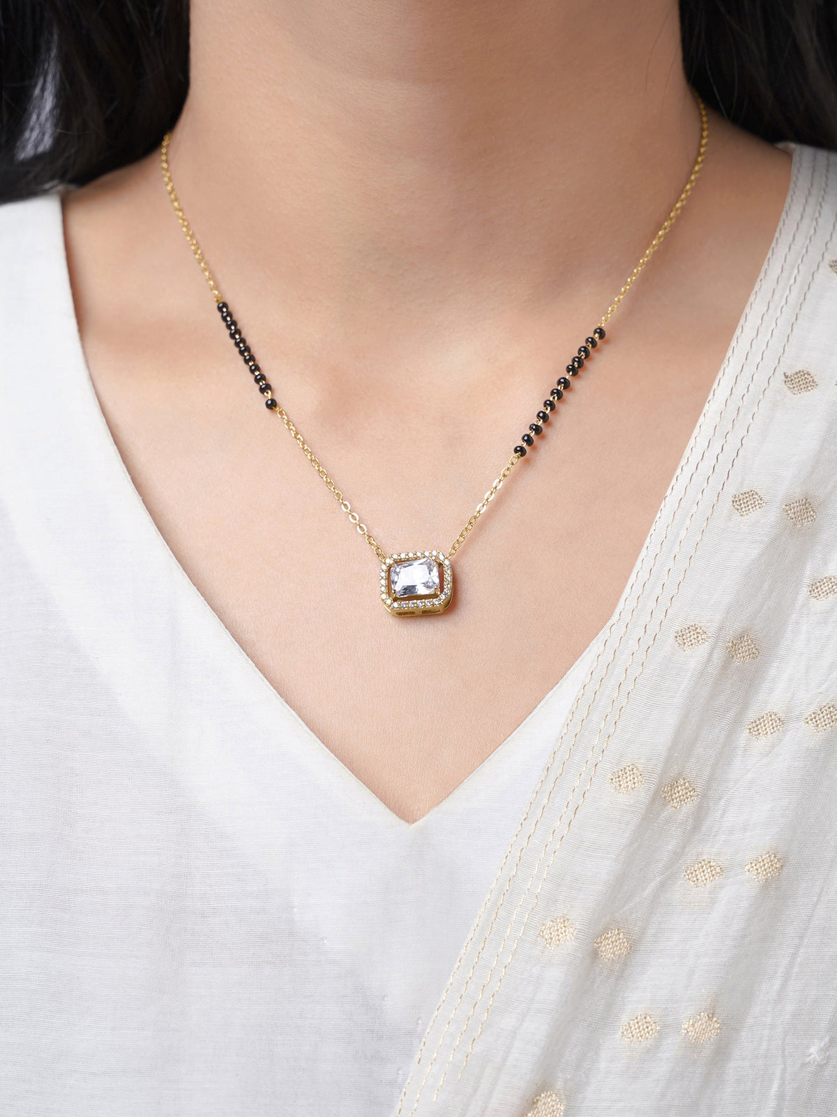 Anisa Diamond Rectangle Solitaire Halo 18K Gold Plated Mangalsutra