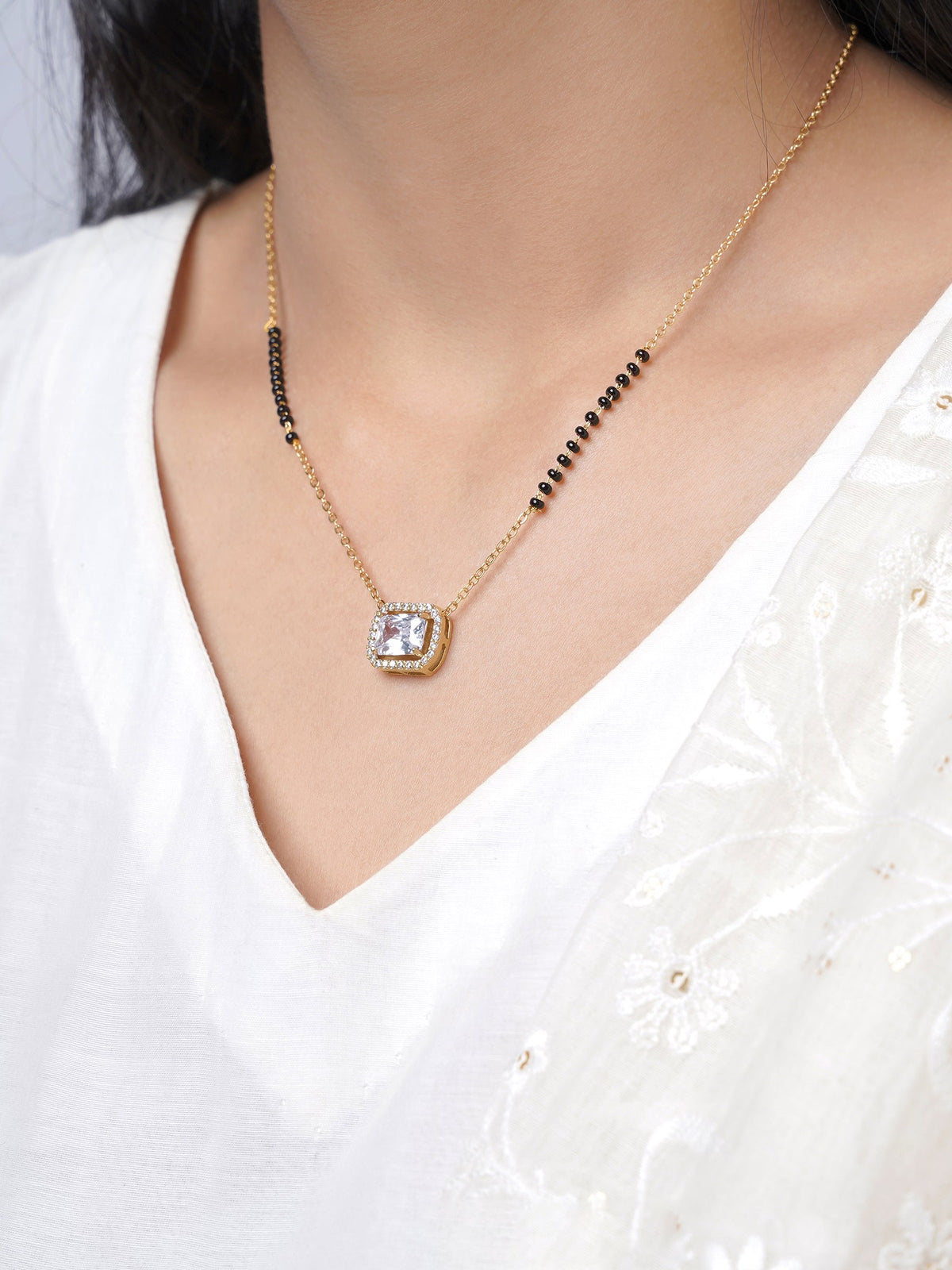Anisa Diamond Rectangle Solitaire Halo 18K Gold Plated Mangalsutra