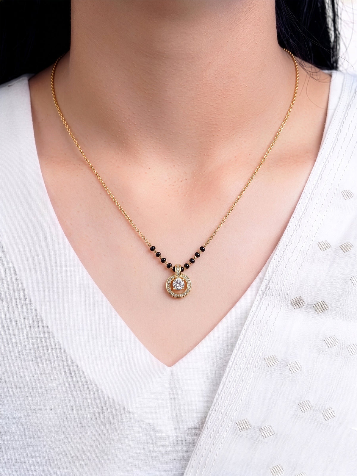 Anuradha Halo Solitaire Drop Diamond 18K Gold Plated Women's Chain Pendant Mangalsutra Necklace