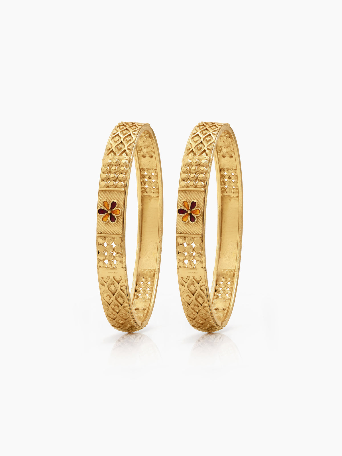 Apsara Texture, Red Flower Grid Gold Set Of 2 Women's 2/4, 2/6, 2/8 Bangles