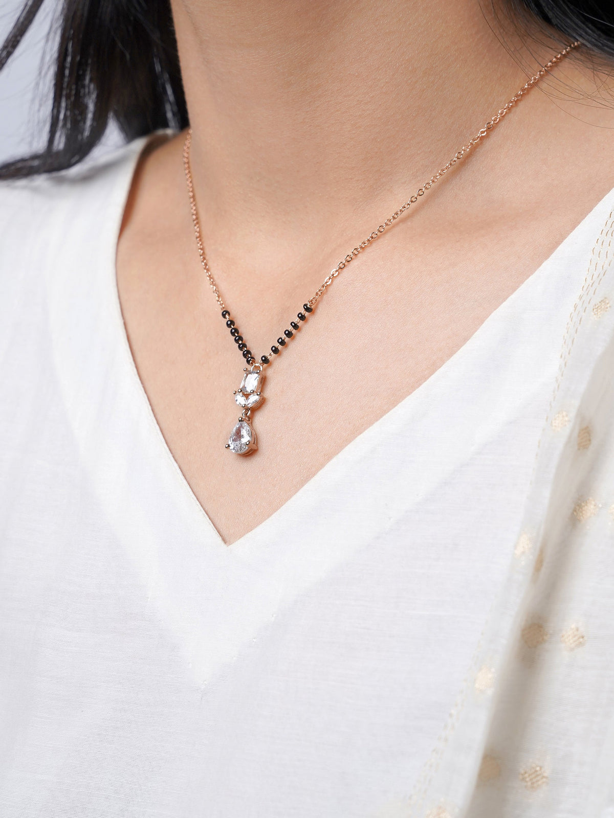 Chahel Trio CZ Stones Drop Marquise Baguette Rosegold Plated Mangalsutra