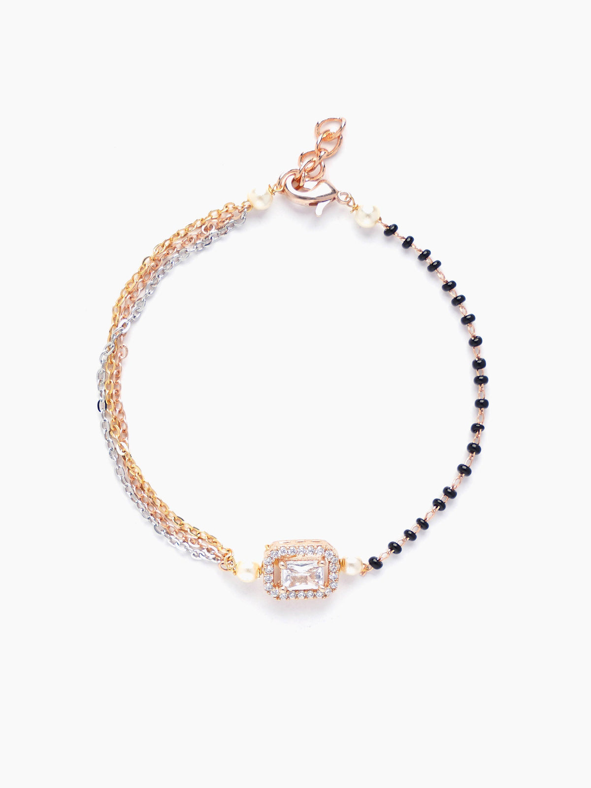 Dharana Diamond Two tone Solitaire Pearl Black Beads Rosegold Plated Mangalsutra Bracelet