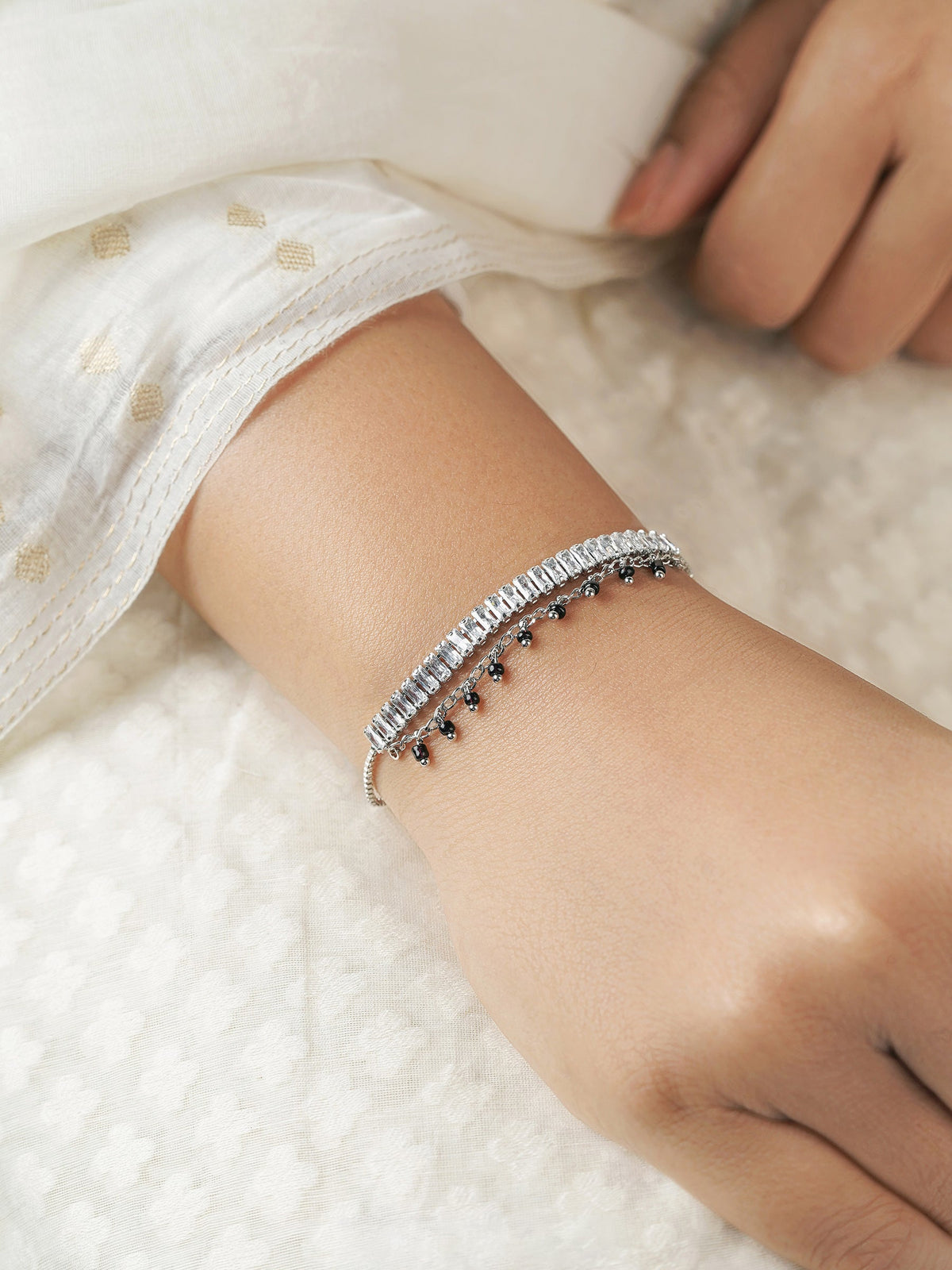 Dia Baguette Stone Silver Mangalsutra Bracelet
