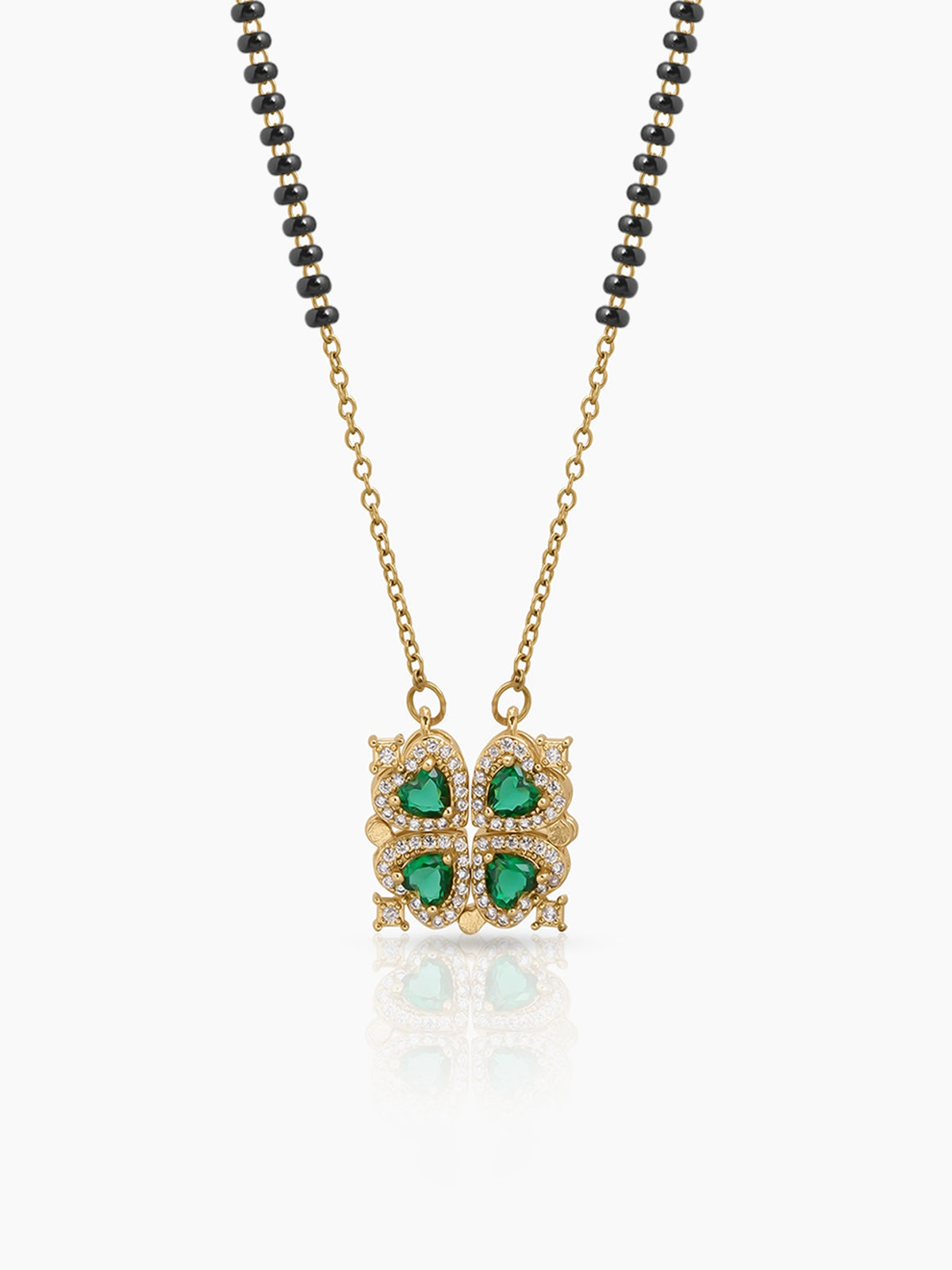 Emerald Shiny Clover Diamond Solitaire Green Heart Charm 18K Gold Plated Mangalsutra
