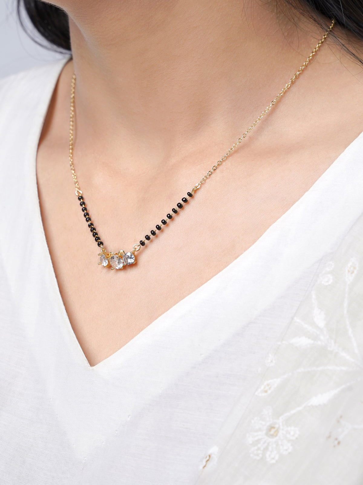 Esha Three Diamond Solitaire 14K Gold Plated Mangalsutra
