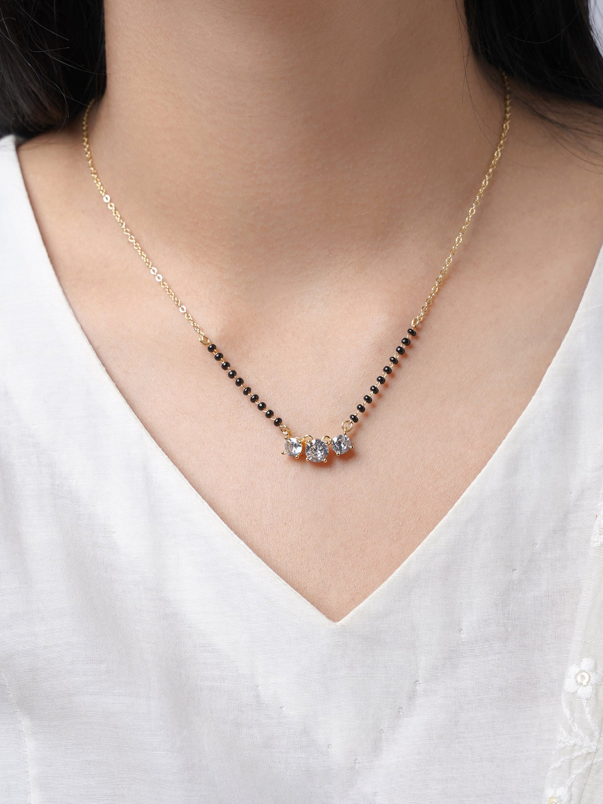 Esha Three Diamond Solitaire 14K Gold Plated Mangalsutra