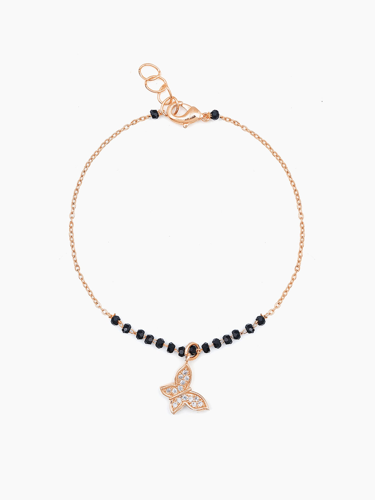 Eva Butterfly Charm Black Beads Rosegold Plated Mangalsutra Bracelet