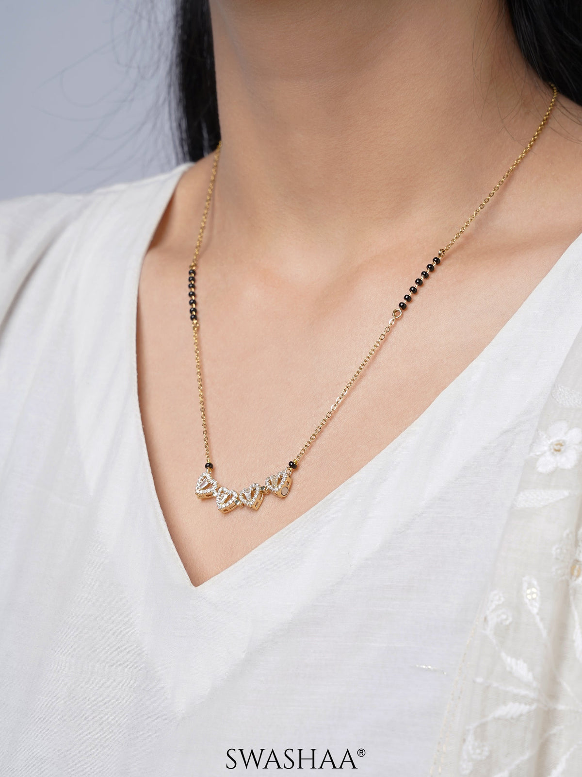 Gleaming Clover Diamond Heart 18K Gold Plated Pendant Mangalsutra
