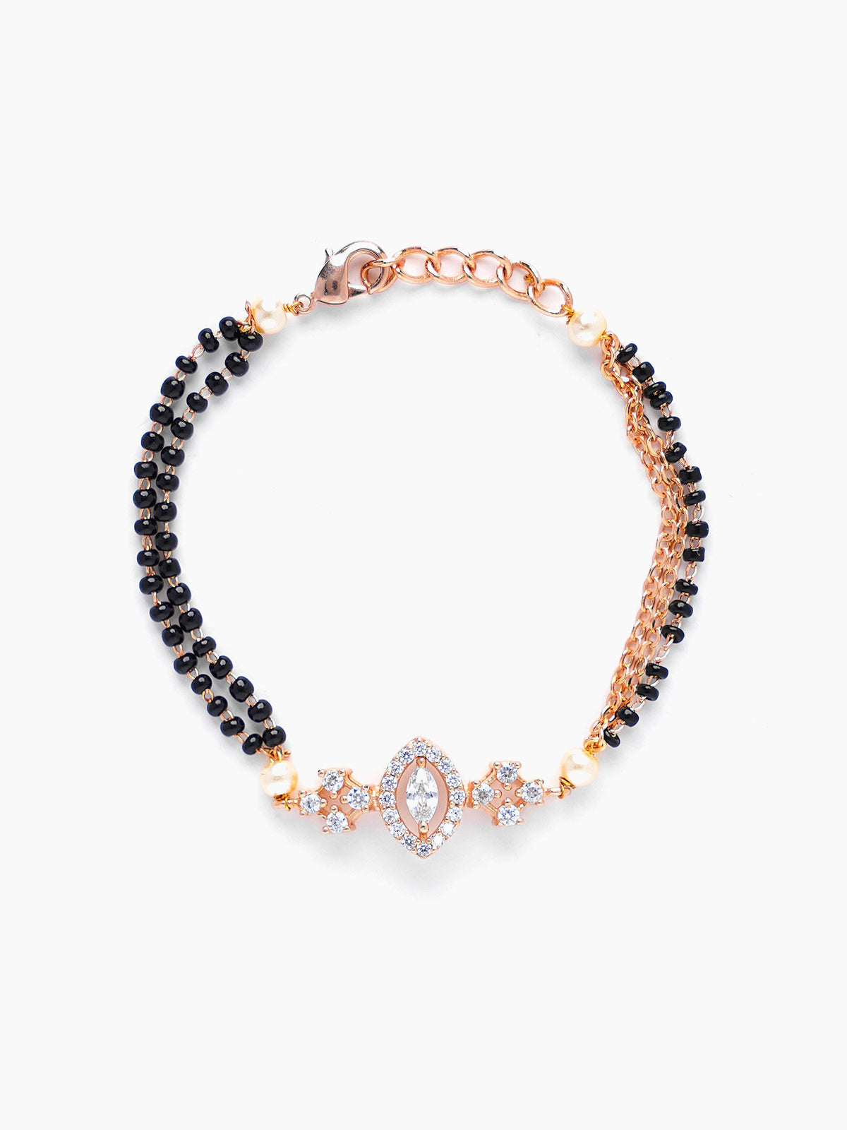 Ilahi Oval Diamond Marquise Shaped Solitaire Pearl Rosegold Plated Layered Mangalsutra Bracelet