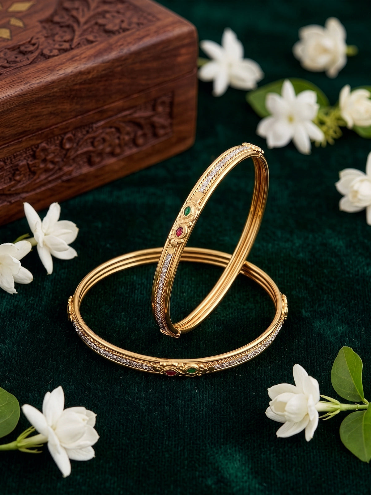 Ishvika Pink - Green Motif Gold Set Of 2 Women's 2/4, 2/6, 2/8 Bangles