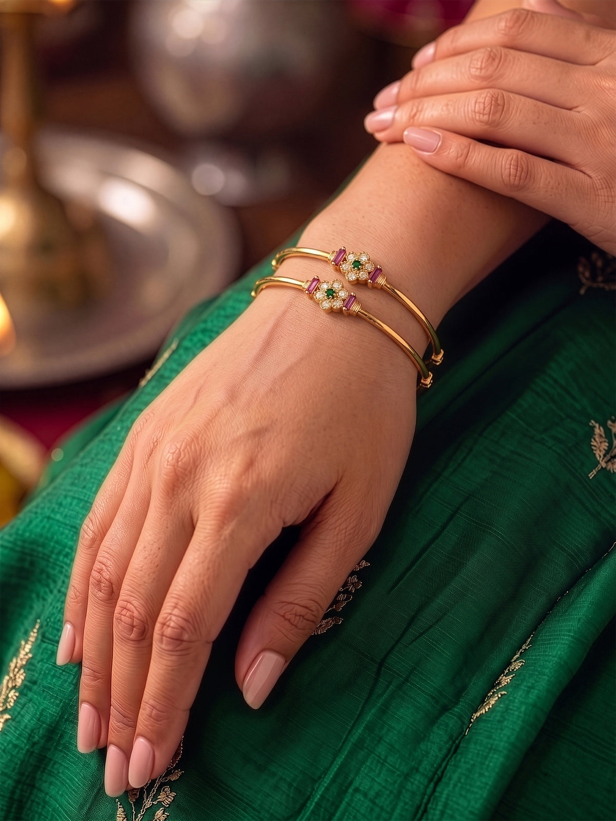 Juhi Floral Pink Diamond Gold Set Of 2 Women's 2/4, 2/6, 2/8 Bangles