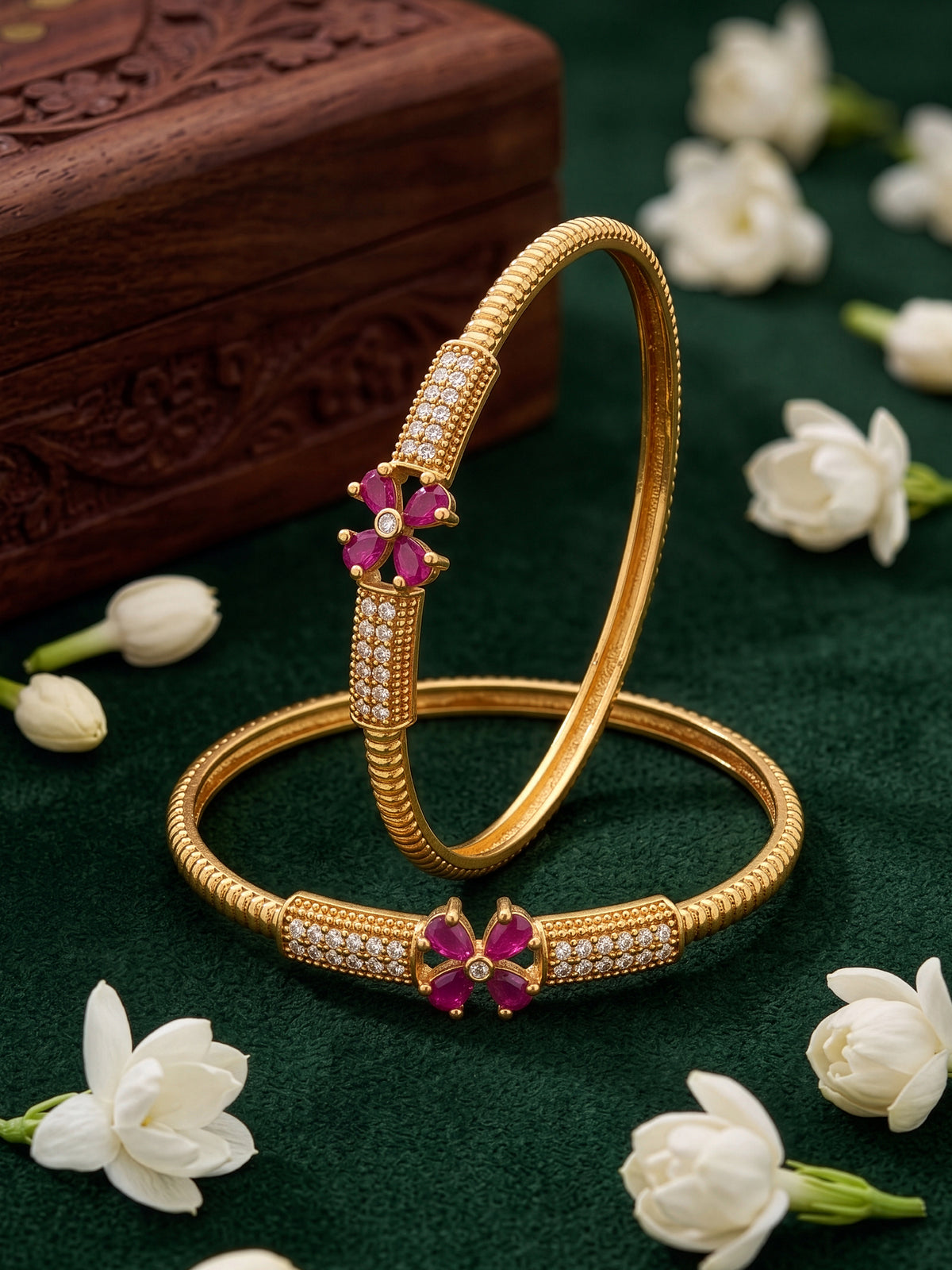 Kanika Pink Floral Diamond Gold Set Of 2 Women's 2/4, 2/6, 2/8 Bangles