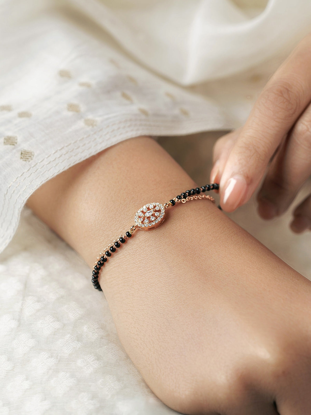 Kasak Shimmering White Marquise Stones Rosegold Plated Mangalsutra Bracelet