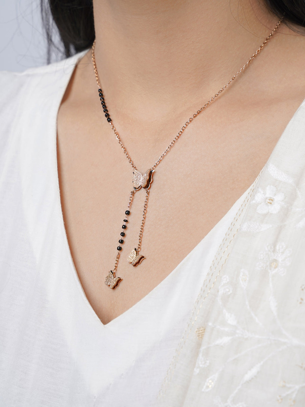 Kavya Butterfly Charm Rosegold Plated Pendant Mangalsutra