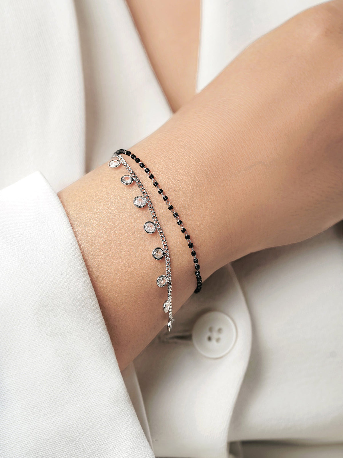 Kiara Diamond Charms Doubled Layered SIlver Mangalsutra Bracelet