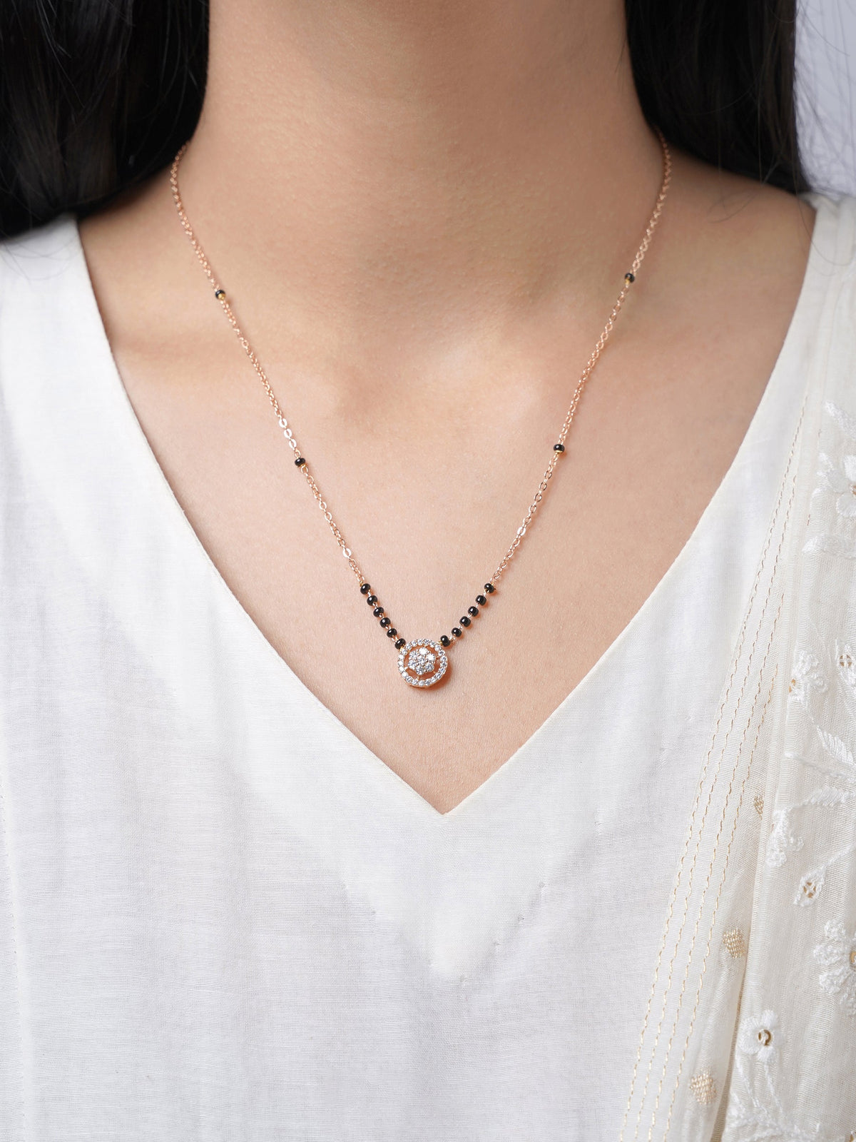 Kisna Circular Diamond Charm Rosegold Plated Mangalsutra