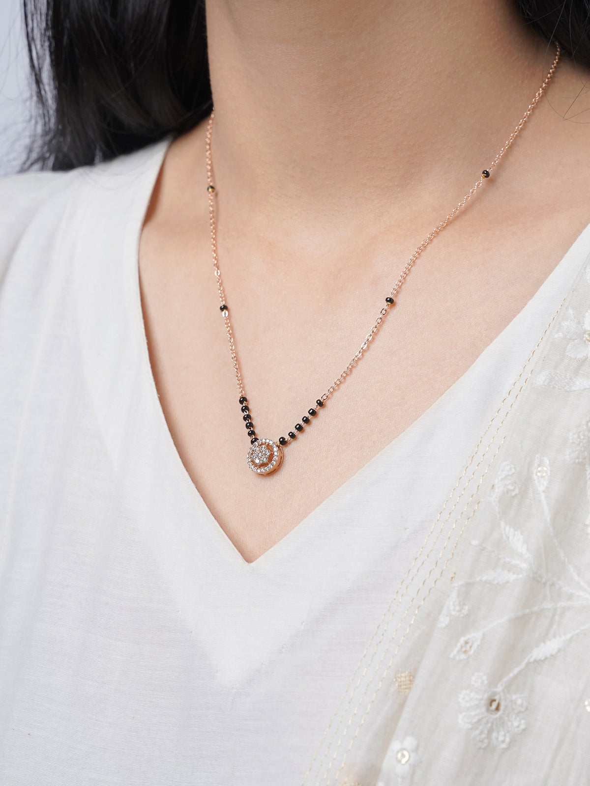 Kisna Circular Diamond Charm Rosegold Plated Mangalsutra