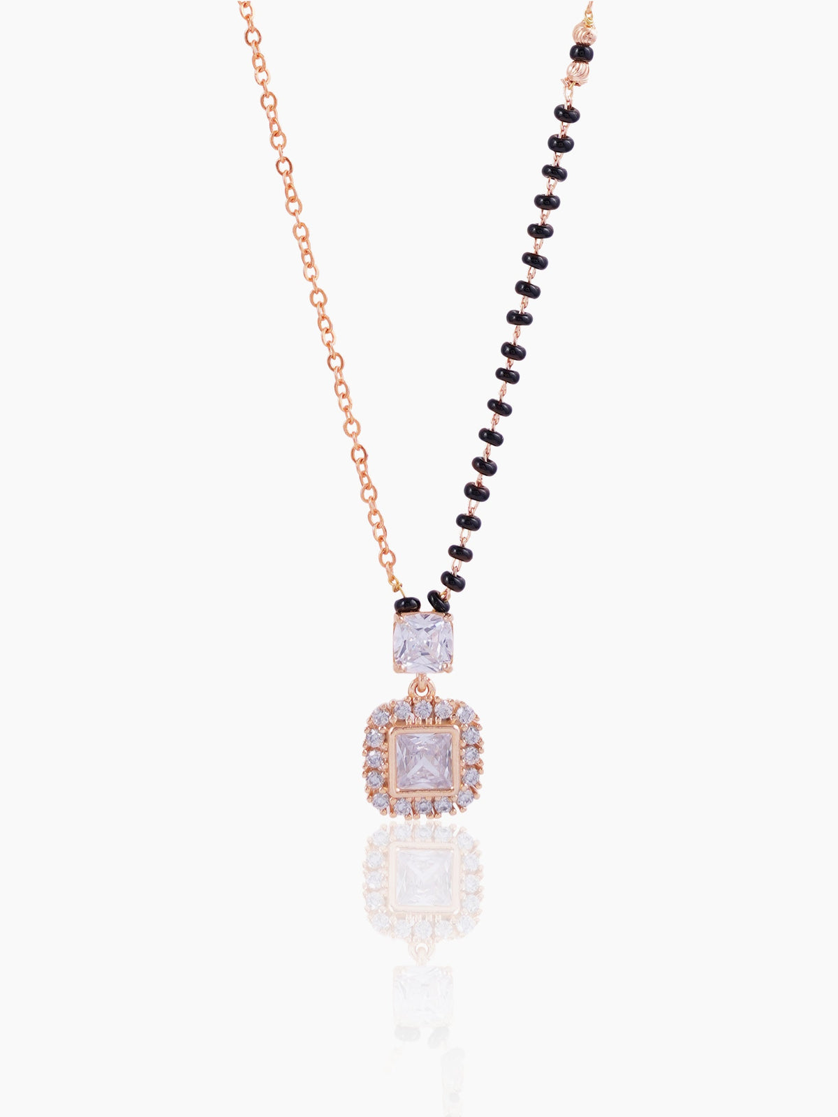 Kissha Square Cut Diamond Solitaire Rosegold Plated Pendant Mangalsutra