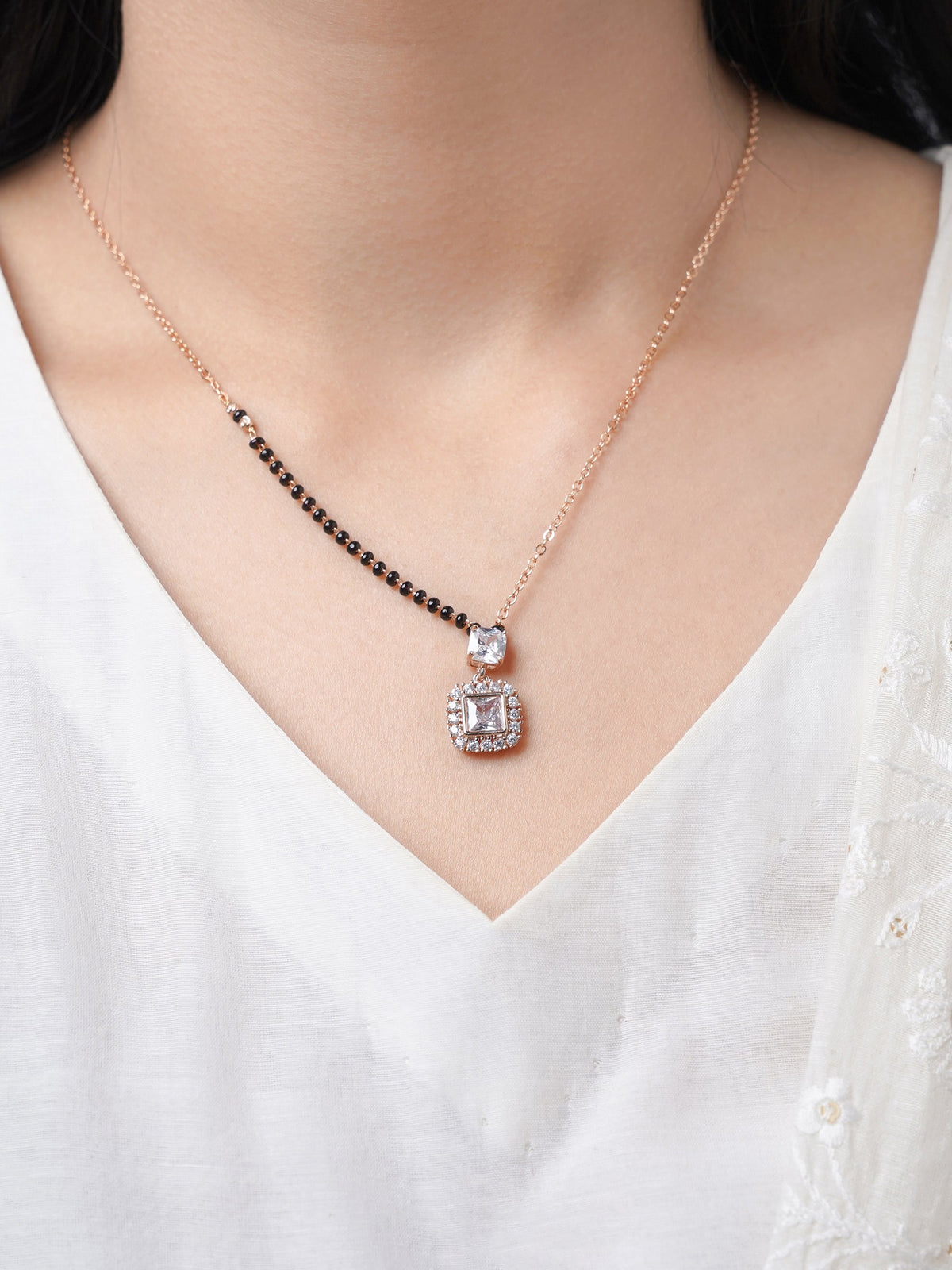 Kissha Square Cut Diamond Solitaire Rosegold Plated Pendant Mangalsutra