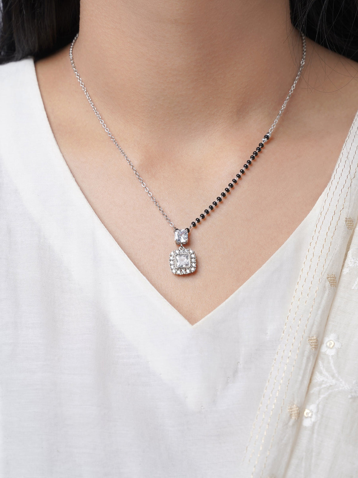 Kissha Square Cut Diamond Solitaire Silver Pendant Mangalsutra
