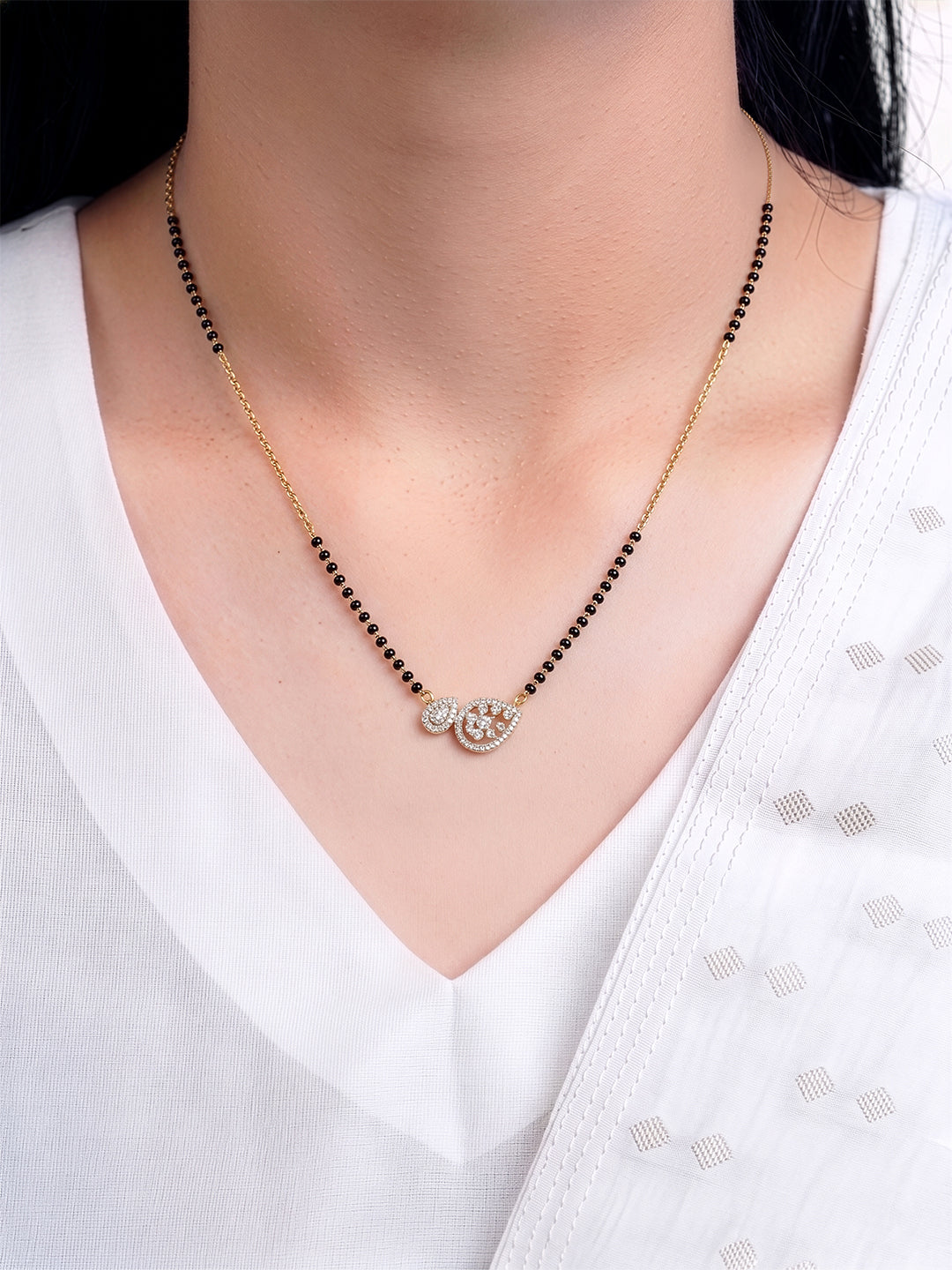 Krupa Twin Pear Diamond 18K Gold Plated Women's Chain Pendant Mangalsutra Necklace
