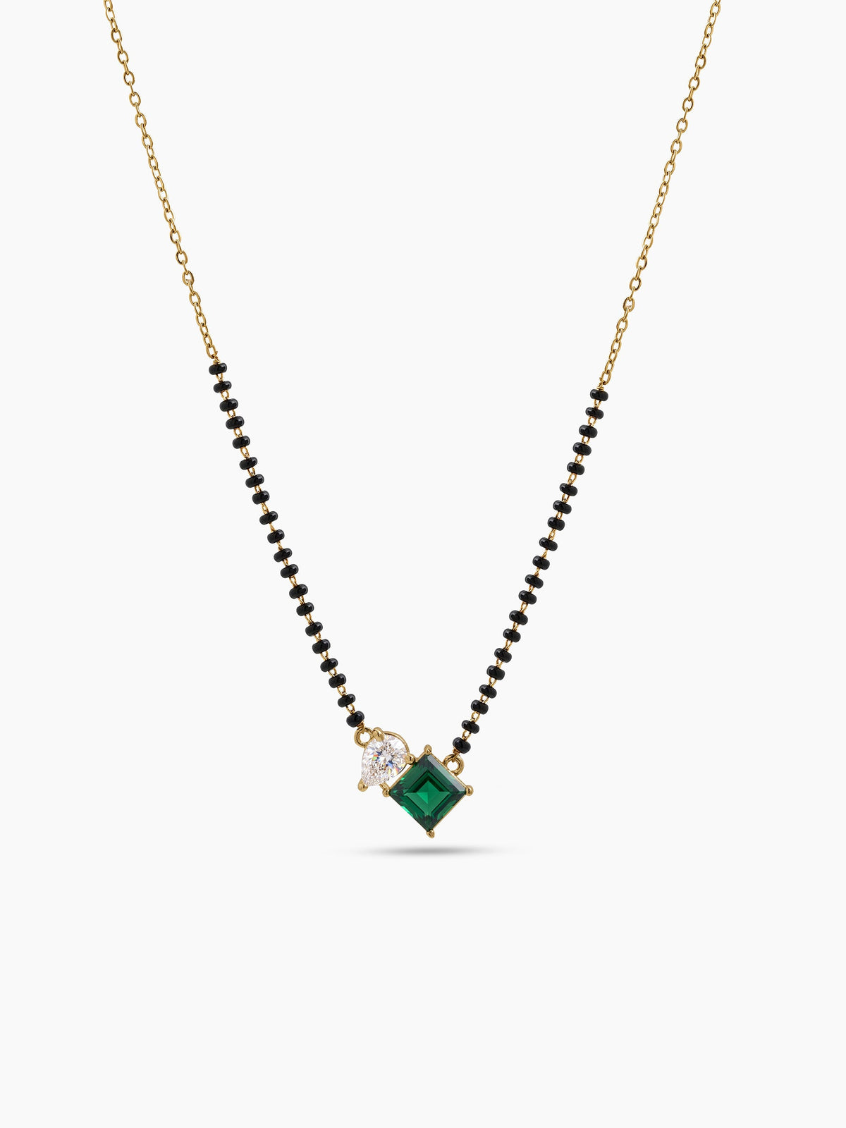 Kruti Green Emerald Stone Pear Diamond 18K Gold Plated Women's Chain Pendant Mangalsutra Necklace