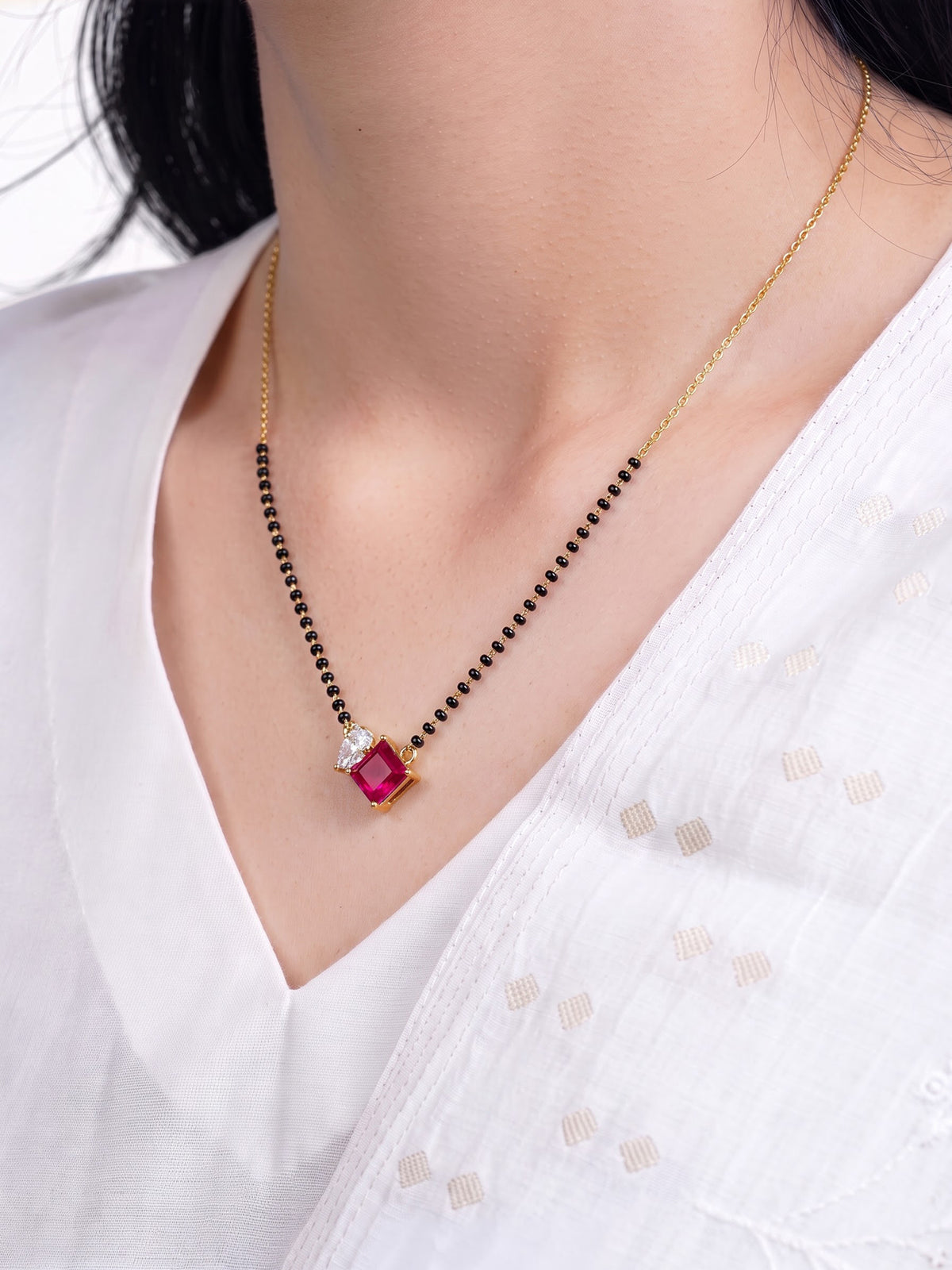 Kruti Pink Ruby Stone Pear Diamond 18K Gold Plated Women's Chain Pendant Mangalsutra Necklace