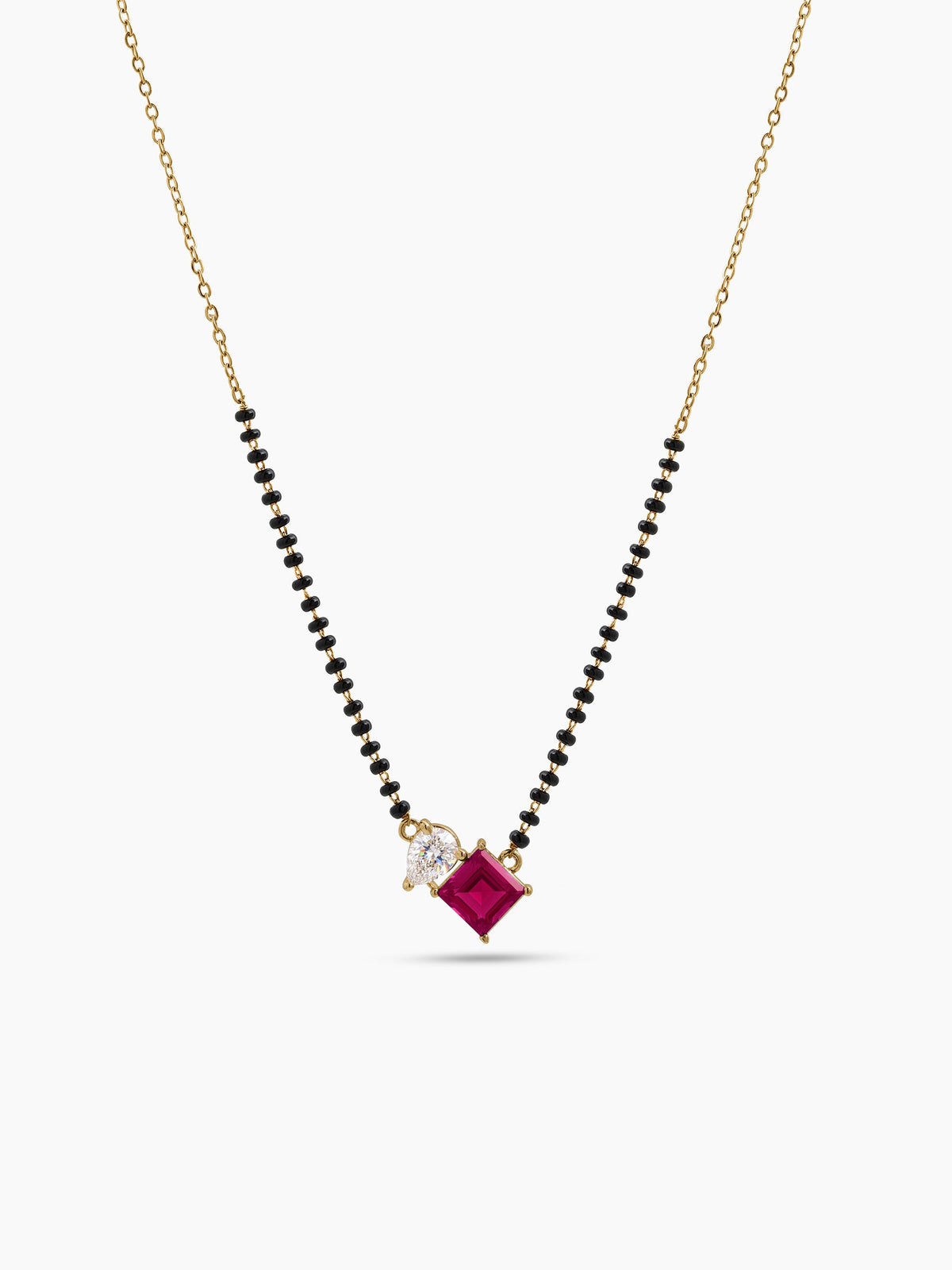 Kruti Pink Ruby Stone Pear Diamond 18K Gold Plated Women's Chain Pendant Mangalsutra Necklace