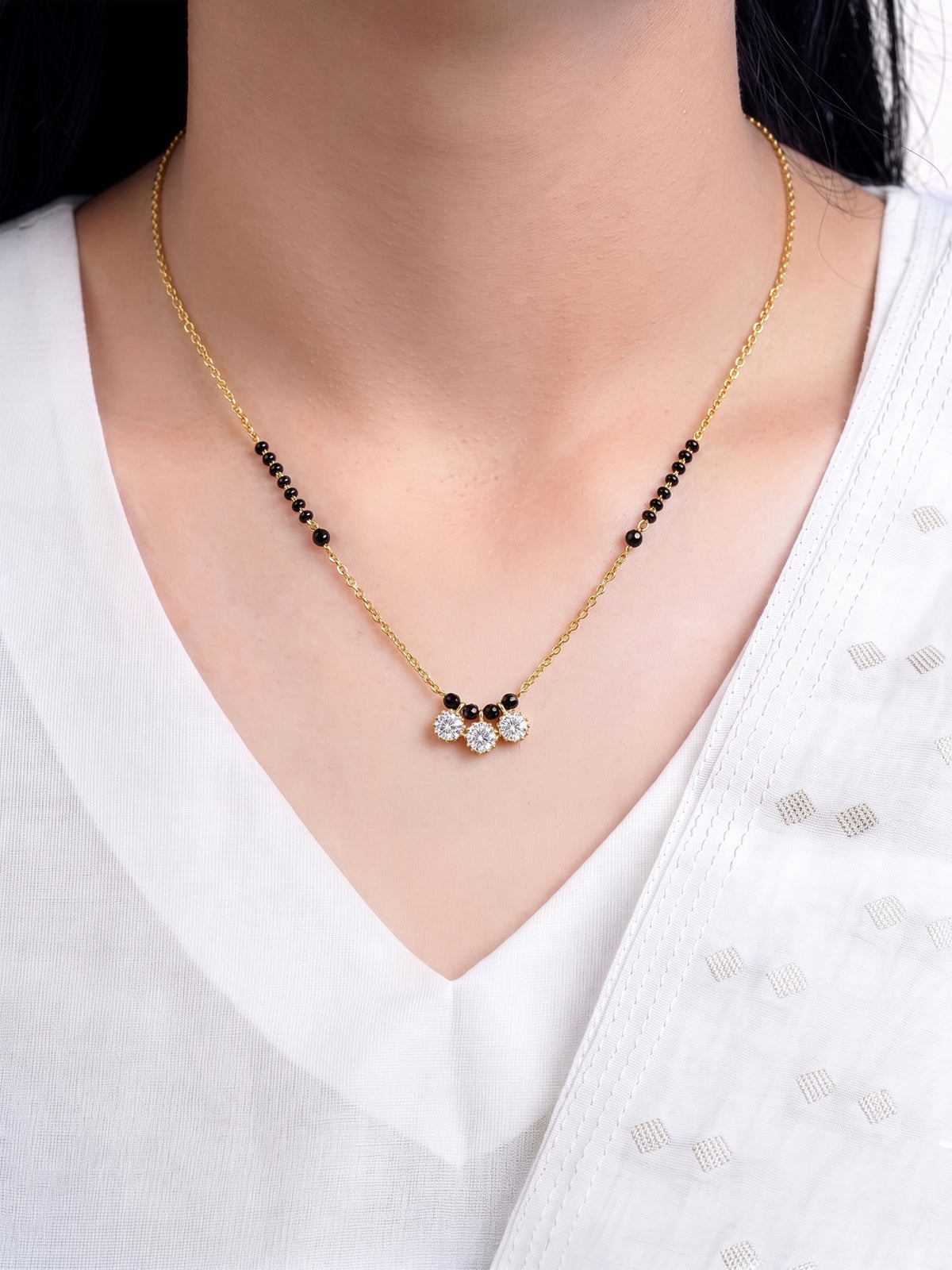 Mahika Trio Diamond Solitaire 18K Gold Plated Women's Chain Pendant Mangalsutra Necklace