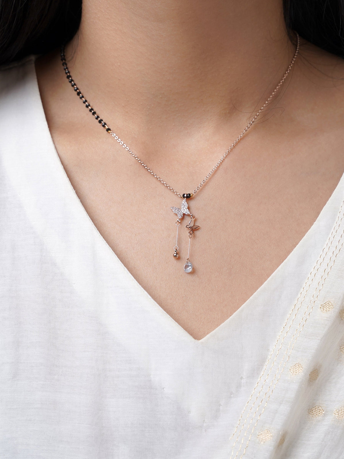 Maithili Butterfly Charm Hanging Diamond Rosegold Plated Pendant Mangalsutra