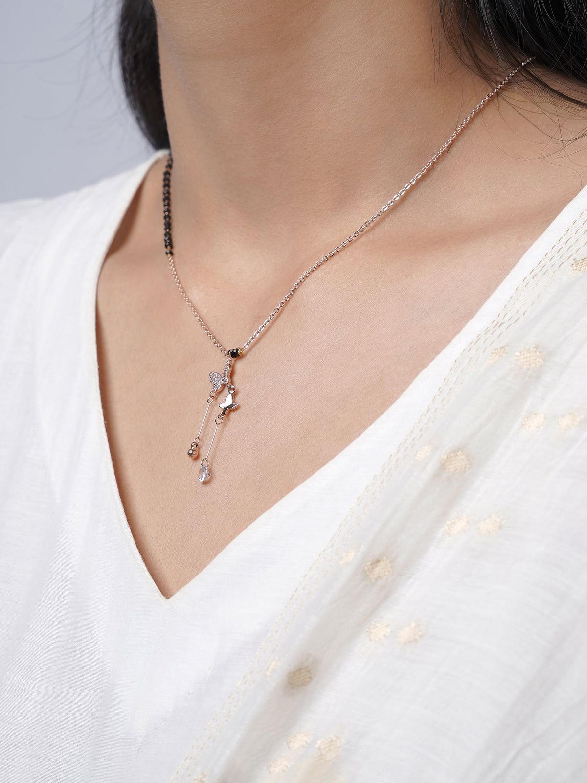 Maithili Butterfly Charm Hanging Diamond Rosegold Plated Pendant Mangalsutra
