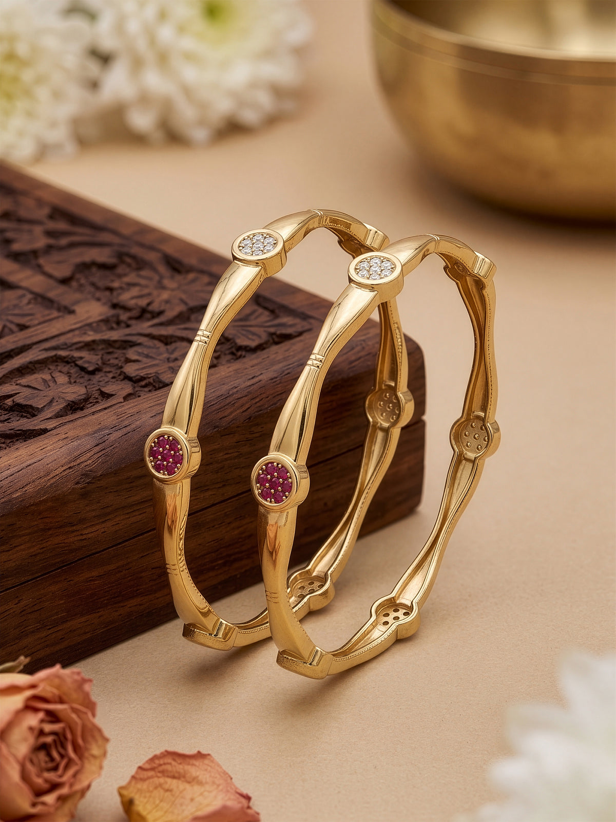 Malini Pink White Diamond Crystal Dot Gold Set Of 2 Women's 2/4, 2/6, 2/8 Bangles