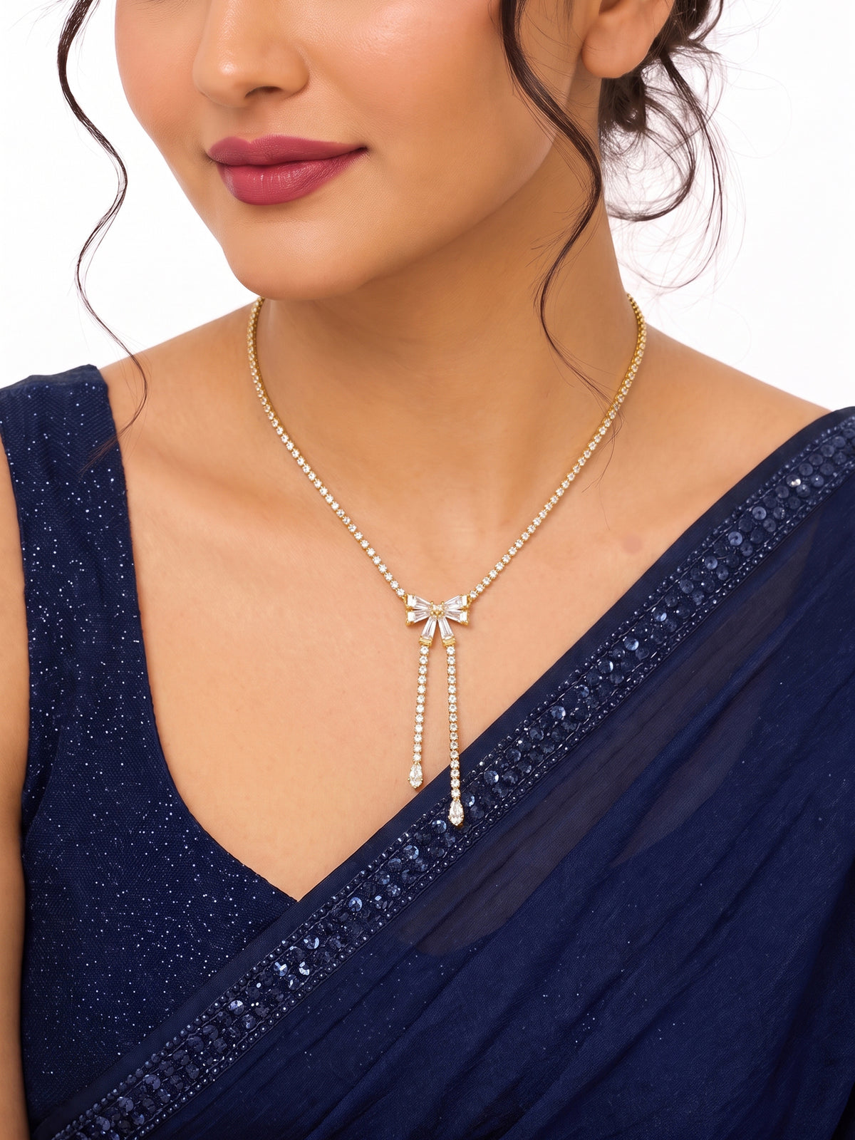 Malvika Diamond Solitaire Bow Drop Gold Women's Chain Pendant Necklace