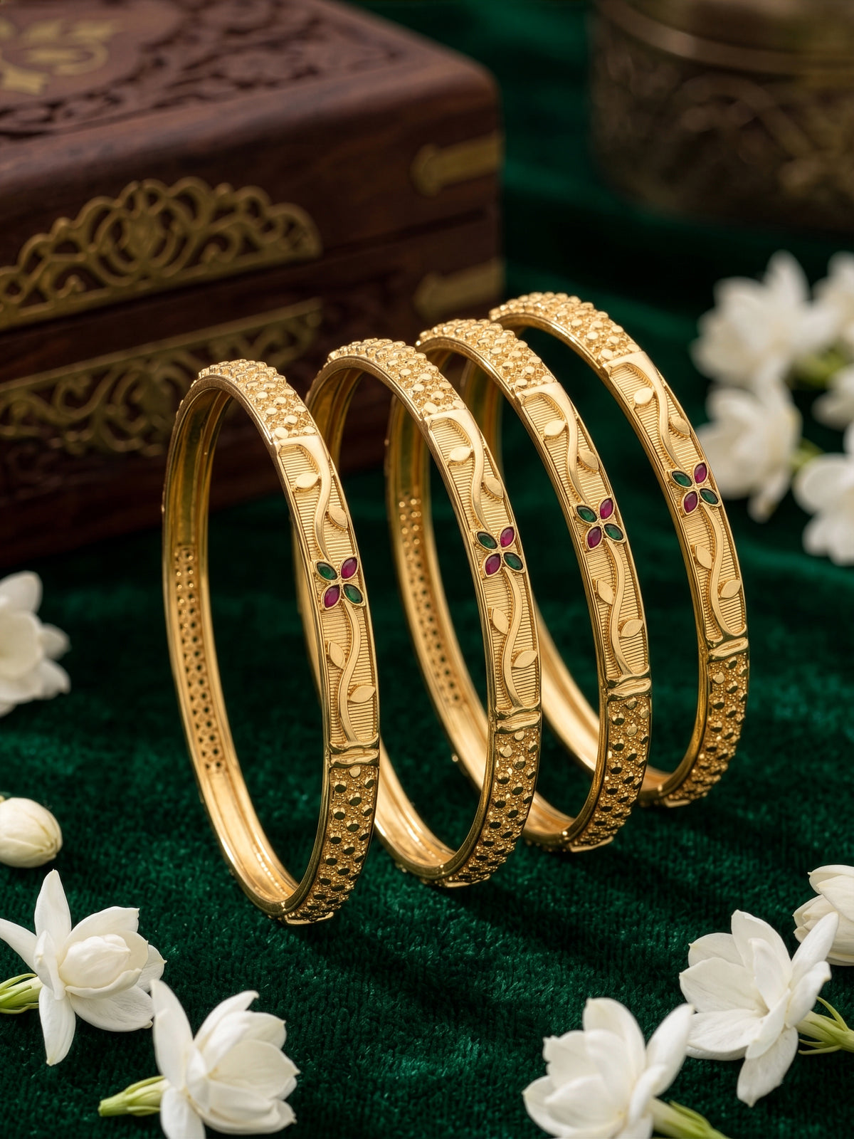 Manika Floral Textured Gold Set Of 4 Women's 2/4, 2/6, 2/8 Bangles