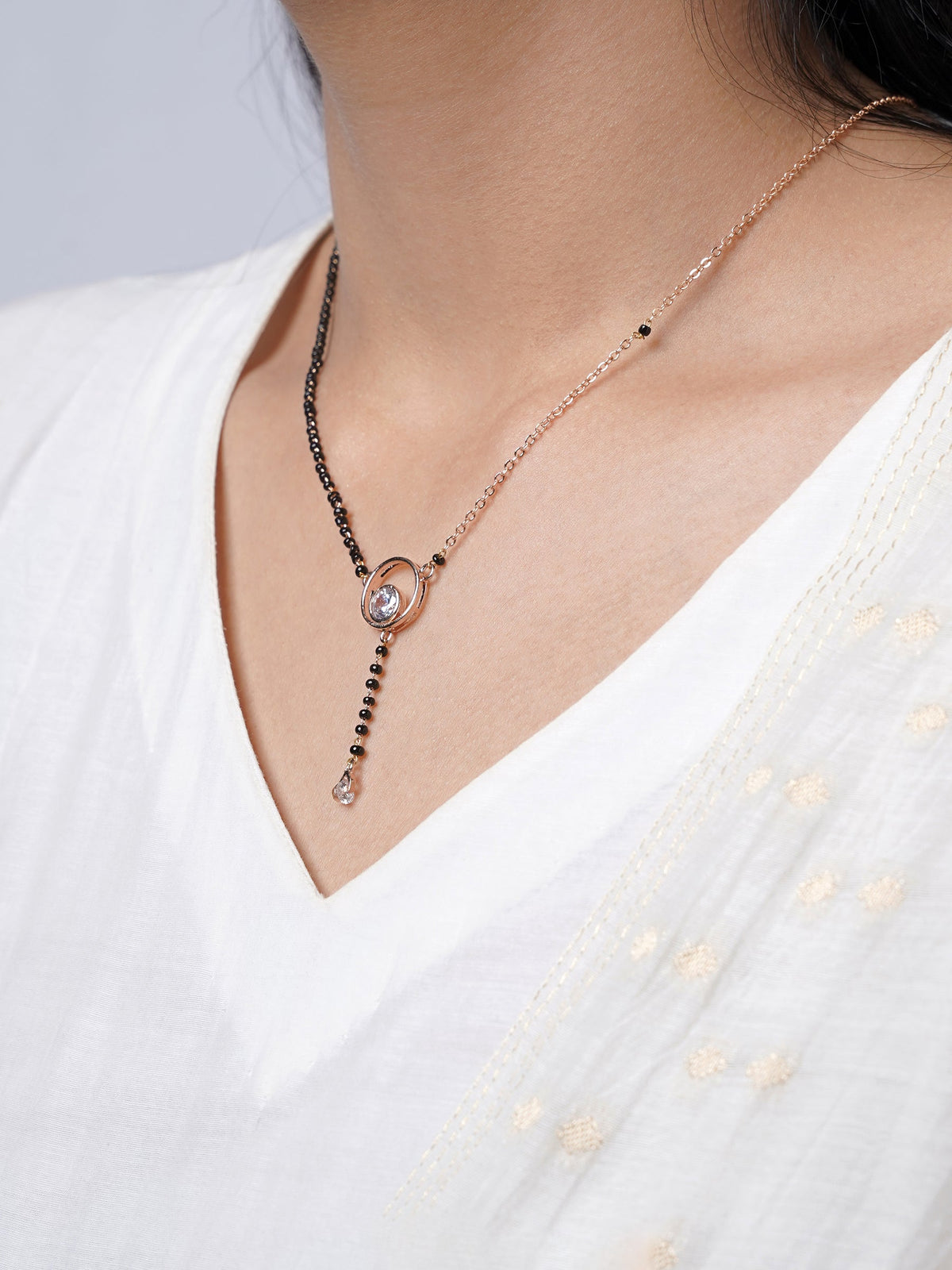 Marissa Sparkling Solitaire Diamond Round Pendant Rosegold Plated Mangalsutra