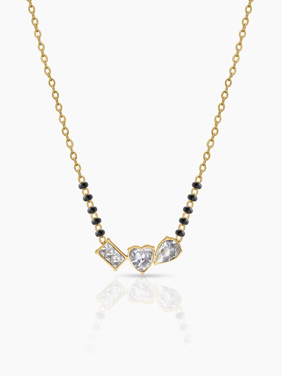 Miva Trio Diamond Solitaire CZ Stones Heart Charm Rectangular Shape Pear Shape Cluster 18K Gold Plated Mangalsutra