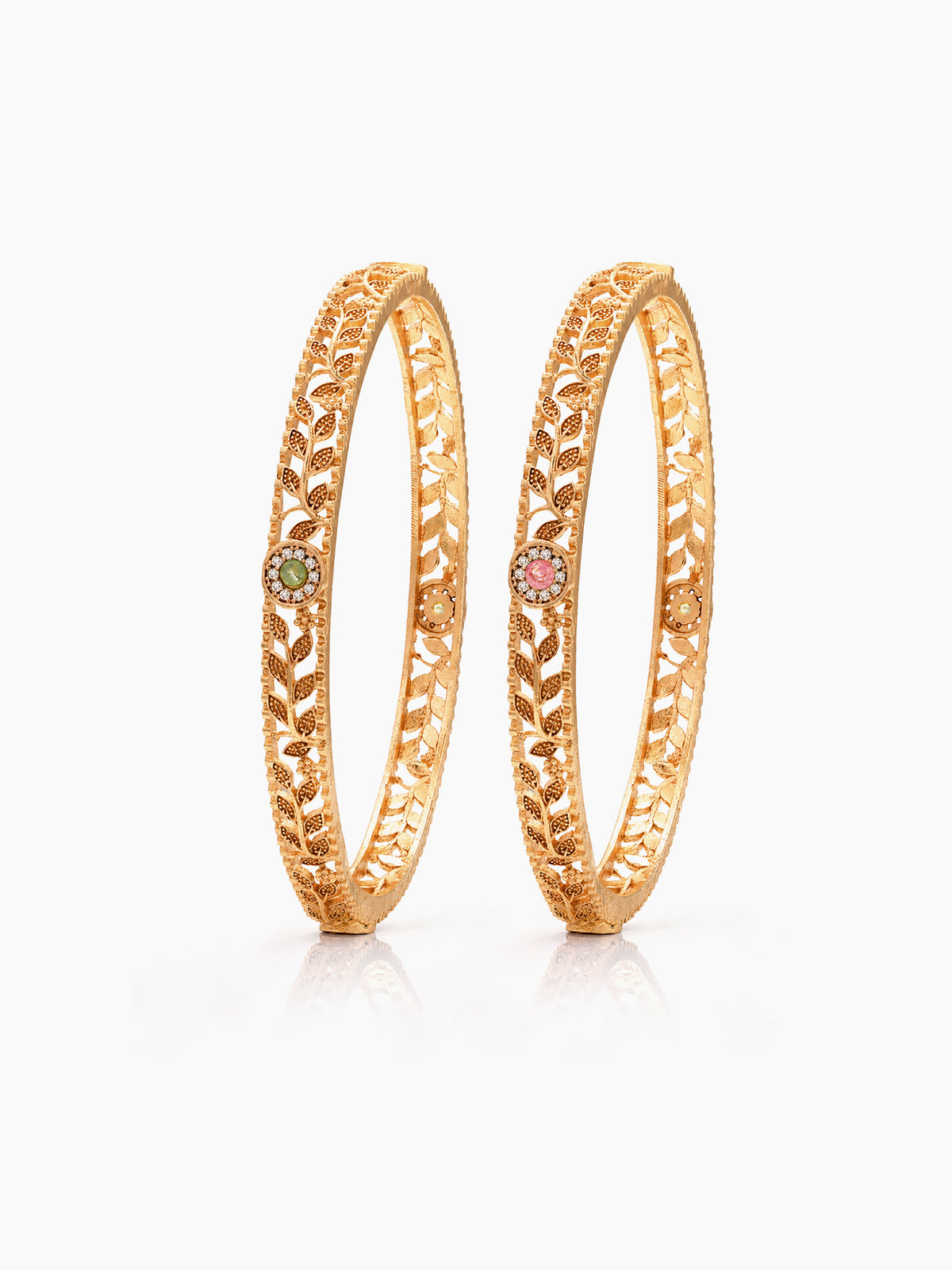 Mrinal Green Pink Diamond Texture Gold Set Of 2 Women's 2/4, 2/6, 2/8 Bangles