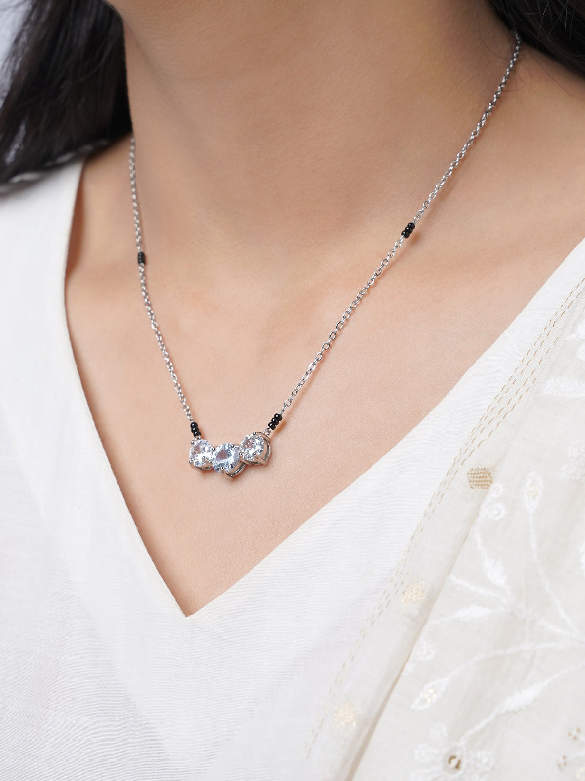 Naksha Three Diamond Solitaire Silver Mangalsutra