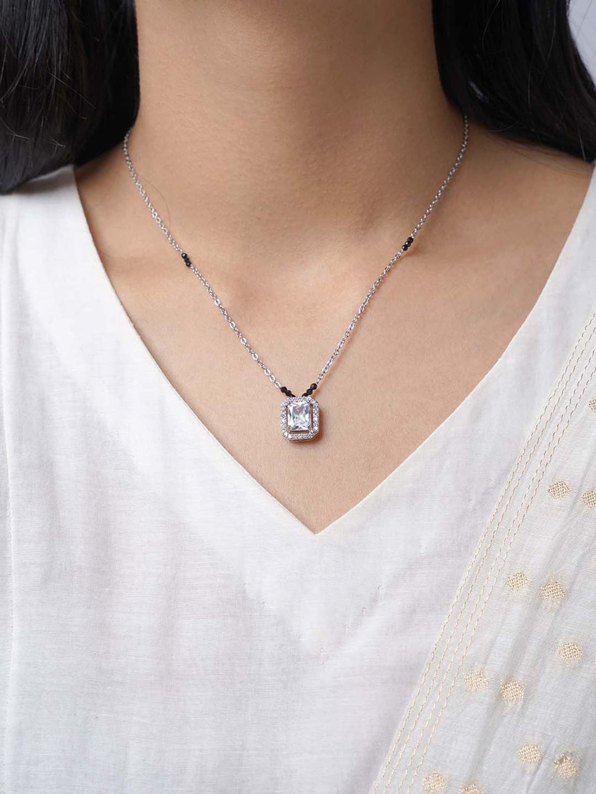 Nayaa Diamond Solitaire Silver Pendant Mangalsutra