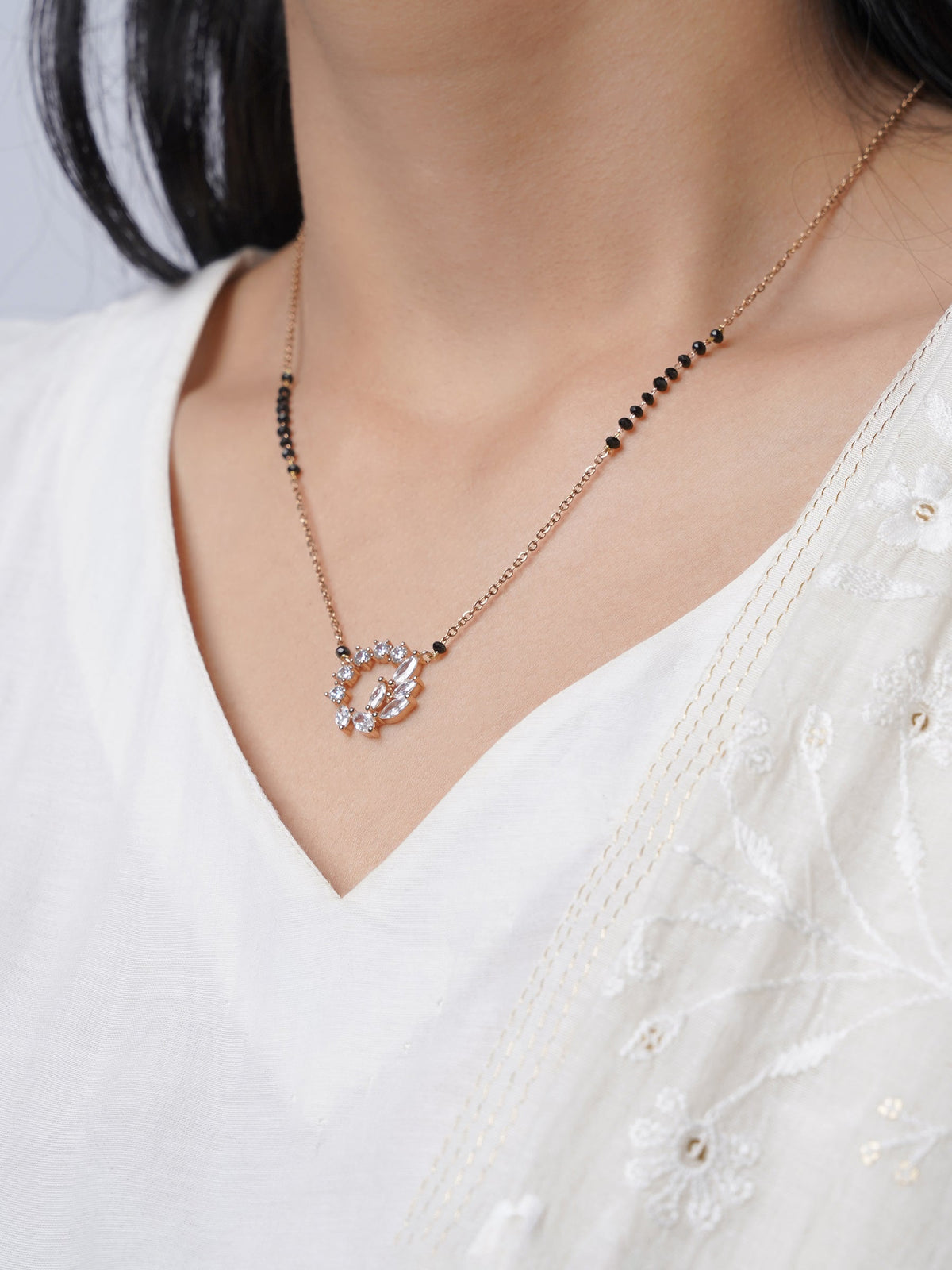 Neer Sparkling White Diamond Rosegold Plated Mangalsutra