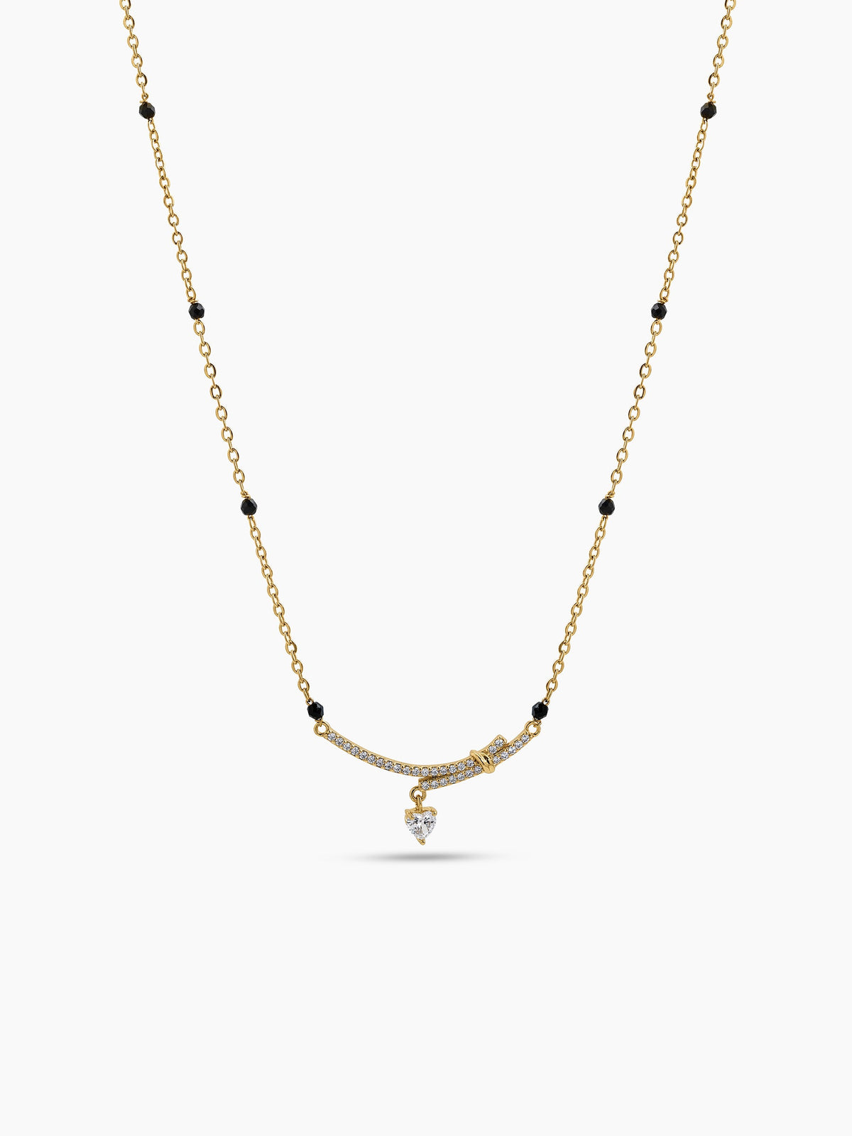 Nerika Heart Curve Diamond Solitaire Drop Bar 18K Gold Plated Women's Chain Pendant Mangalsutra Necklace