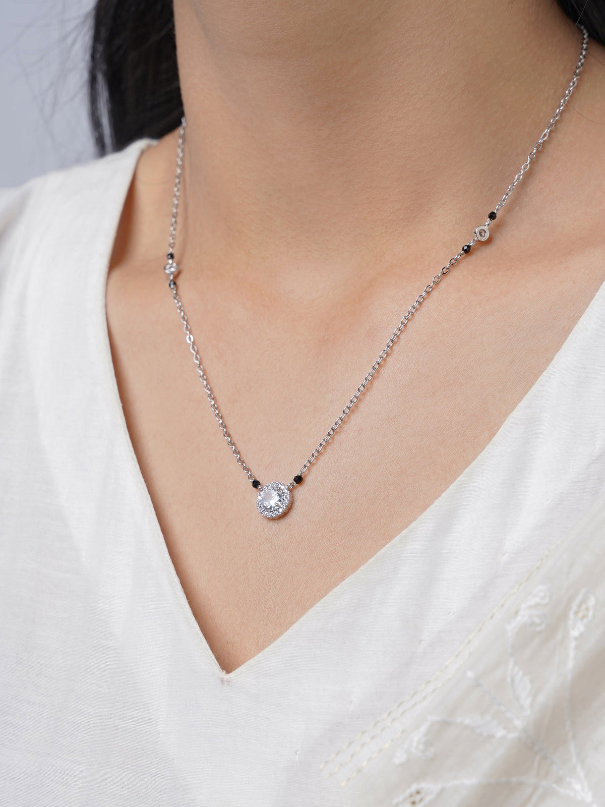 Nyra Diamond Solitaire Silver Mangalsutra