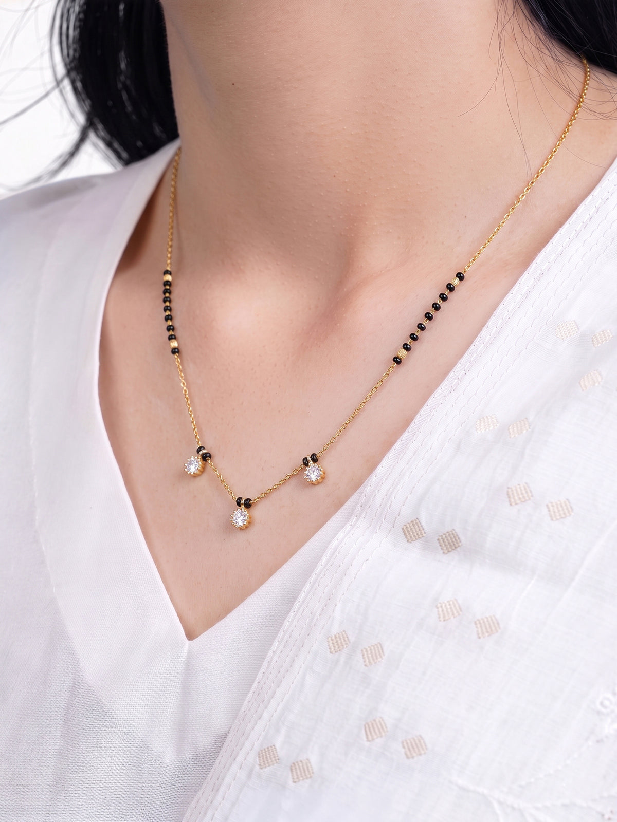Palak Trio Diamond Solitaire 18K Gold Plated Women's Chain Pendant Mangalsutra Necklace