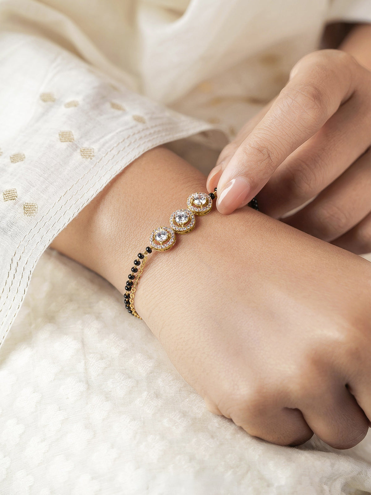 Pihu Three Diamond Solitaire 18K Gold Plated Mangalsutra Bracelet